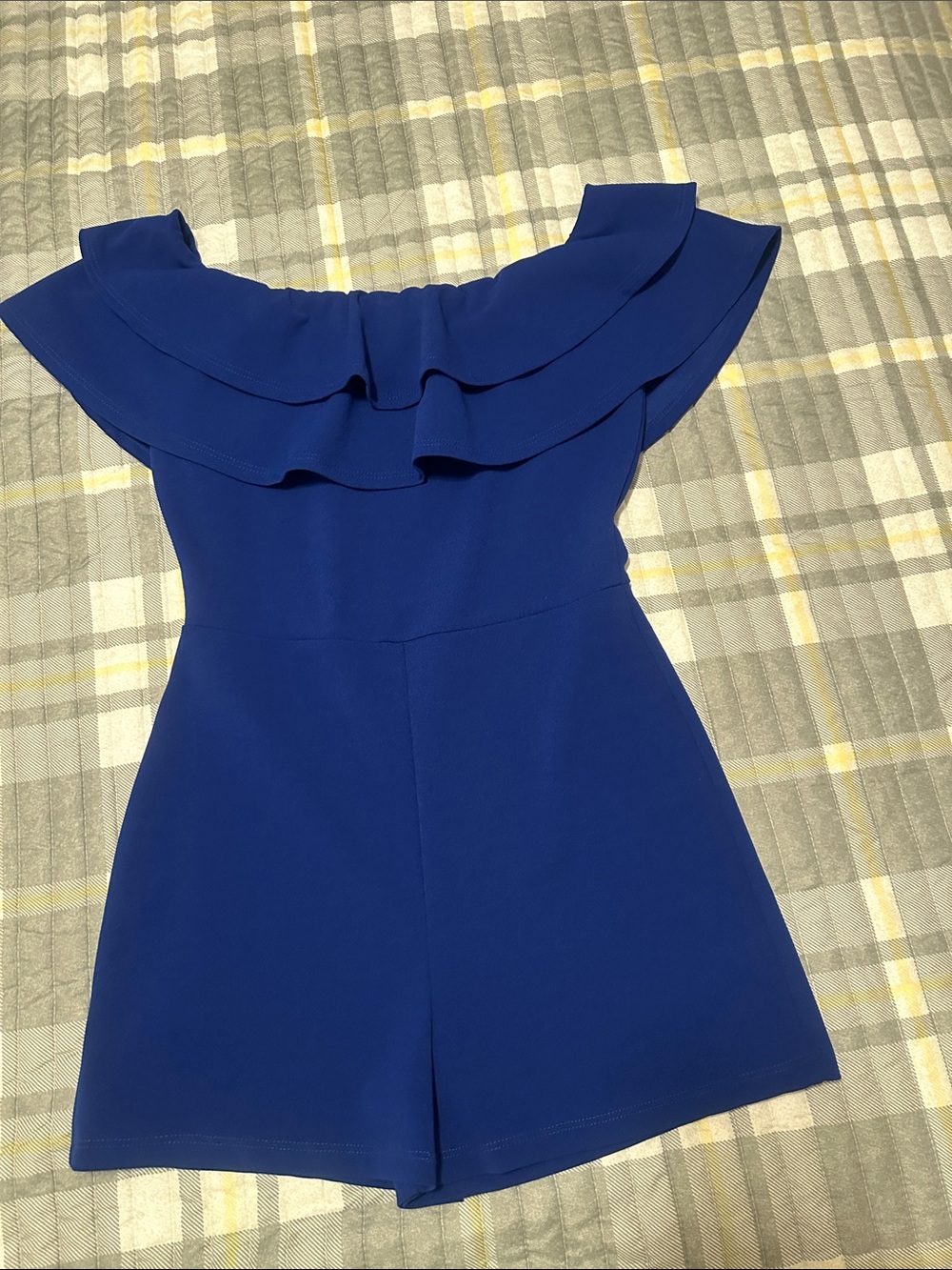 Fashion Nova Royal Blue Off-Shoulder Ruffle One-Piece Romper